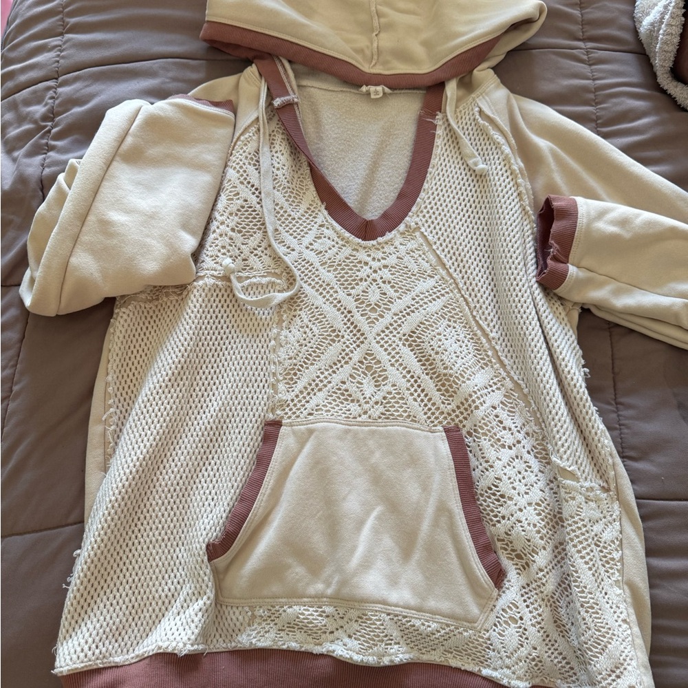 Cream Crochet & Mesh Hoodie with brown Trim